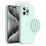 For iPhone 15 Pro Silicone Suction Cup MagSafe Phone Case with Screen Film(Mint Green)