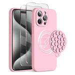 For iPhone 15 Pro Silicone Suction Cup MagSafe Phone Case with Screen Film(Pink)