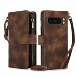 For Google Pixel 8 Pro Dream 9-Card Zipper Wallet RFID Leather Phone Case with Lanyard(Brown)