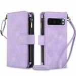 For Google Pixel 8 Pro Dream 9-Card Zipper Wallet RFID Leather Phone Case with Lanyard(Purple)