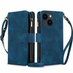 For iPhone 13 Dream 9-Card Zipper Wallet RFID Leather Phone Case with Lanyard(Blue)