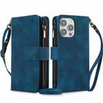 For iPhone 13 Pro Max Dream 9-Card Zipper Wallet RFID Leather Phone Case with Lanyard(Blue)