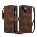 For iPhone 15 Dream 9-Card Zipper Wallet RFID Leather Phone Case with Lanyard(Brown)