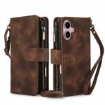 For iPhone 16 Dream 9-Card Zipper Wallet RFID Leather Phone Case with Lanyard(Brown)