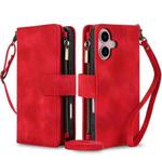 For iPhone 16 Plus Dream 9-Card Zipper Wallet RFID Leather Phone Case with Lanyard(Red)