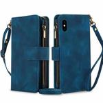 For iPhone XS / X Dream 9-Card Zipper Wallet RFID Leather Phone Case with Lanyard(Blue)