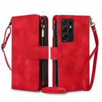 For Samsung Galaxy S21 Ultra 5G Dream 9-Card Zipper Wallet RFID Leather Phone Case with Lanyard(Red)