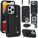 For iPhone 16 Pro Wristband Vertical Flip Wallet Back Cover Phone Case with Long Lanyard(Black)