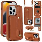 For iPhone 16 Pro Wristband Vertical Flip Wallet Back Cover Phone Case with Long Lanyard(Brown)