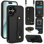 For iPhone 16 Plus Wristband Vertical Flip Wallet Back Cover Phone Case with Long Lanyard(Black)