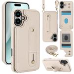 For iPhone 16 Plus Wristband Vertical Flip Wallet Back Cover Phone Case with Long Lanyard(White)