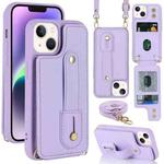 For iPhone 15 Wristband Vertical Flip Wallet Back Cover Phone Case with Long Lanyard(Purple)