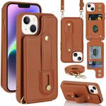 For iPhone 15 Wristband Vertical Flip Wallet Back Cover Phone Case with Long Lanyard(Brown)