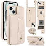 For iPhone 15 Wristband Vertical Flip Wallet Back Cover Phone Case with Long Lanyard(White)