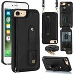 For iPhone SE 2022 / 2020 / 8 Wristband Vertical Flip Wallet Back Cover Phone Case with Long Lanyard(Black)