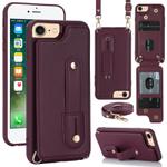 For iPhone SE 2022 / 2020 / 8 Wristband Vertical Flip Wallet Back Cover Phone Case with Long Lanyard(Wine Red)