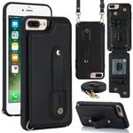 For iPhone 8 Plus / 7 Plus Wristband Vertical Flip Wallet Back Cover Phone Case with Long Lanyard(Black)