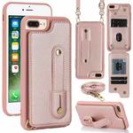 For iPhone 8 Plus / 7 Plus Wristband Vertical Flip Wallet Back Cover Phone Case with Long Lanyard(Rose Gold)