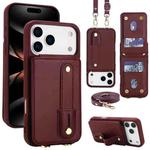 For iPhone 17 Pro Max Wristband Vertical Flip Wallet Back Cover Phone Case with Long Lanyard(Wine Red)