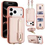 For iPhone 17 Pro Max Wristband Vertical Flip Wallet Back Cover Phone Case with Long Lanyard(Rose Gold)