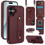 For iPhone 17 Wristband Vertical Flip Wallet Back Cover Phone Case with Long Lanyard(Wine Red)