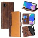 For Samsung Galaxy F06 5G Contrast Color Side Buckle Leather Phone Case(Dark Brown + Gold)