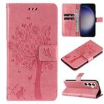 For Samsung Galaxy S25 / S24 5G Tree & Cat Embossed Pattern Flip Leather Phone Case(Pink)