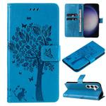 For Samsung Galaxy S25 / S24 5G Tree & Cat Embossed Pattern Flip Leather Phone Case(Blue)