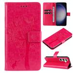 For Samsung Galaxy S25 / S24 5G Tree & Cat Embossed Pattern Flip Leather Phone Case(Rose Red)