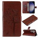 For Samsung Galaxy S25 / S24 5G Tree & Cat Embossed Pattern Flip Leather Phone Case(Coffee)