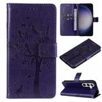For Samsung Galaxy S25 / S24 5G Tree & Cat Embossed Pattern Flip Leather Phone Case(Purple)