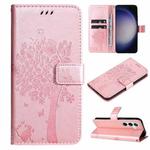 For Samsung Galaxy S25 / S24 5G Tree & Cat Embossed Pattern Flip Leather Phone Case(Rose Gold)
