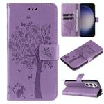 For Samsung Galaxy S25+ / S24+ 5G Tree & Cat Embossed Pattern Flip Leather Phone Case(Light Purple)
