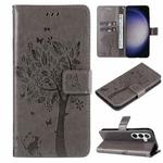 For Samsung Galaxy S25+ / S24+ 5G Tree & Cat Embossed Pattern Flip Leather Phone Case(Grey)