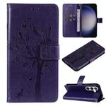 For Samsung Galaxy S25+ / S24+ 5G Tree & Cat Embossed Pattern Flip Leather Phone Case(Purple)