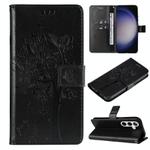 For Samsung Galaxy S25+ / S24+ 5G Tree & Cat Embossed Pattern Flip Leather Phone Case(Black)