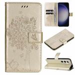 For Samsung Galaxy S25+ / S24+ 5G Tree & Cat Embossed Pattern Flip Leather Phone Case(Gold)
