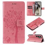 For Samsung Galaxy S25 Ultra 5G Tree & Cat Embossed Pattern Flip Leather Phone Case(Pink)