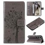 For Samsung Galaxy S25 Ultra 5G Tree & Cat Embossed Pattern Flip Leather Phone Case(Grey)