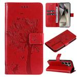 For Samsung Galaxy S25 Ultra 5G Tree & Cat Embossed Pattern Flip Leather Phone Case(Red)