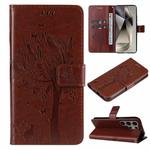 For Samsung Galaxy S25 Ultra 5G Tree & Cat Embossed Pattern Flip Leather Phone Case(Coffee)