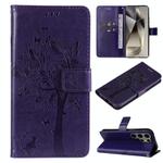 For Samsung Galaxy S25 Ultra 5G Tree & Cat Embossed Pattern Flip Leather Phone Case(Purple)
