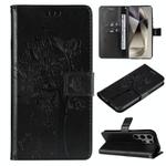 For Samsung Galaxy S25 Ultra 5G Tree & Cat Embossed Pattern Flip Leather Phone Case(Black)