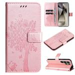 For Samsung Galaxy S25 Ultra 5G Tree & Cat Embossed Pattern Flip Leather Phone Case(Rose Gold)