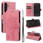 For Samsung Galaxy S25 FE 5G Tree & Cat Embossed Pattern Flip Leather Phone Case(Pink)