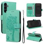 For Samsung Galaxy S25 FE 5G Tree & Cat Embossed Pattern Flip Leather Phone Case(Green)