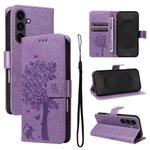 For Samsung Galaxy S25 FE 5G Tree & Cat Embossed Pattern Flip Leather Phone Case(Light Purple)