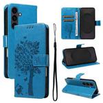 For Samsung Galaxy S25 FE 5G Tree & Cat Embossed Pattern Flip Leather Phone Case(Blue)