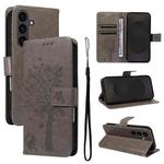 For Samsung Galaxy S25 FE 5G Tree & Cat Embossed Pattern Flip Leather Phone Case(Grey)