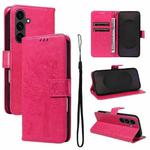 For Samsung Galaxy S25 FE 5G Tree & Cat Embossed Pattern Flip Leather Phone Case(Rose Red)